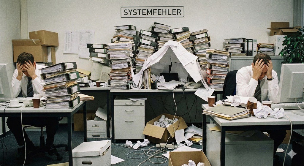 Überlasteter Büroalltag mit Aktenstapeln und zwei gestressten Mitarbeitern