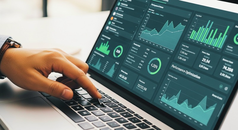 Hand an einem Laptop mit Analyse-Dashboard für automatisierte Büroprozesse