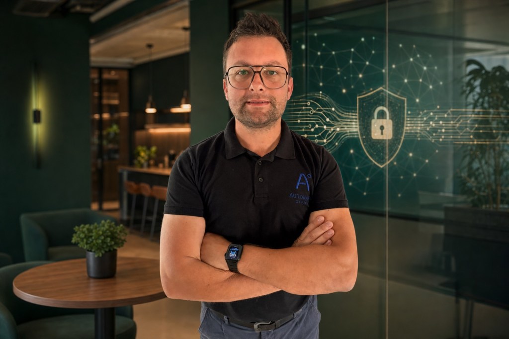 Markus von Autonary Office vor einer Darstellung geschützter Datenflüsse für eine sichere KI-Integration