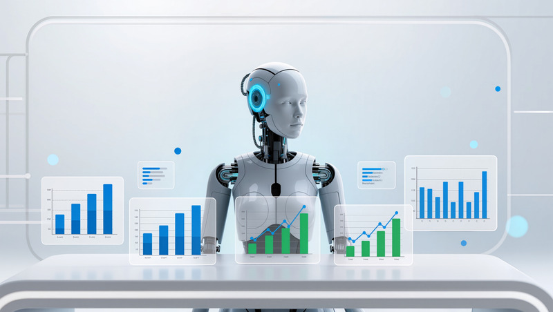 Humanoider Roboter vor Analyse-Dashboards als Symbol für KI-Integration